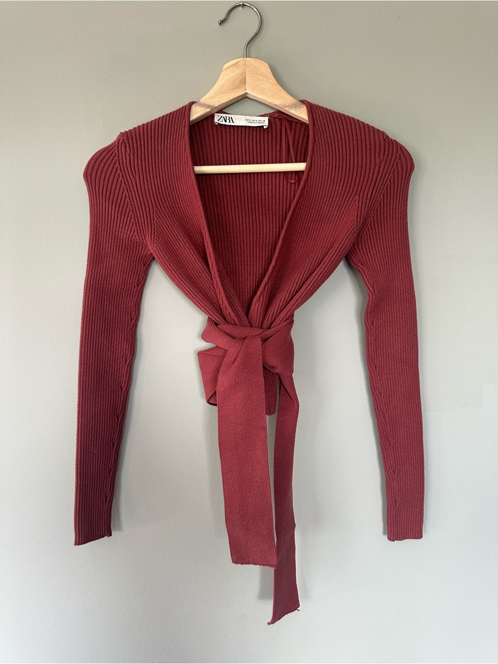 ZARA Ribbed Wrap Tie-Front Sweater - Wine
